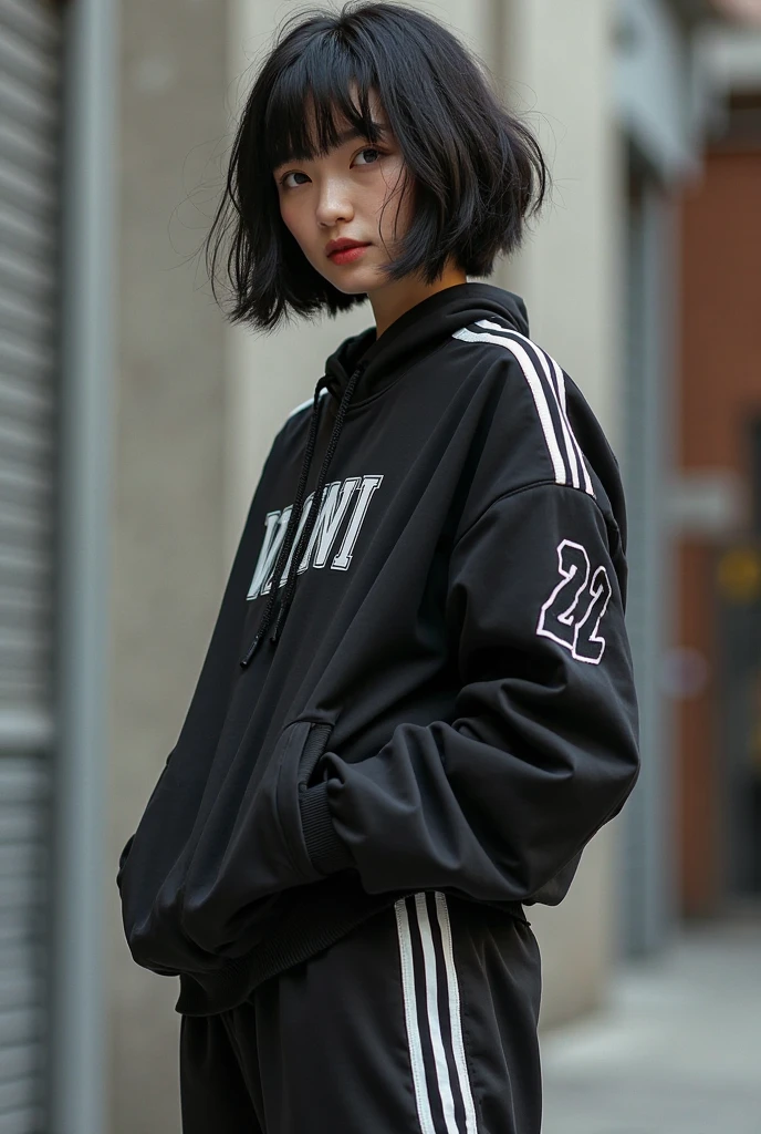 14-year-old girl,stop on a bridge with a river in the background, Ropa de senderismo, , photograph of a techwear woman, Ropa negra casual, con una sudadera con capucha negra, inspirado por Ion Andreescu, Ropa negra, Ropa deportiva, Ropa negra, wearing a track suit, Ropa vestida de , Imagen de perfil, con una sudadera con capucha negra