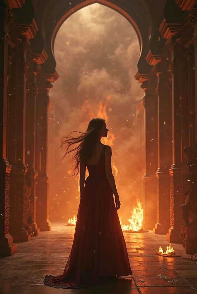 Princess with long hair in front of a burning palace From the back, high quality, 8k