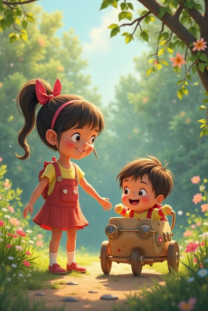 Girl on a wheelbarrow playing with a boy