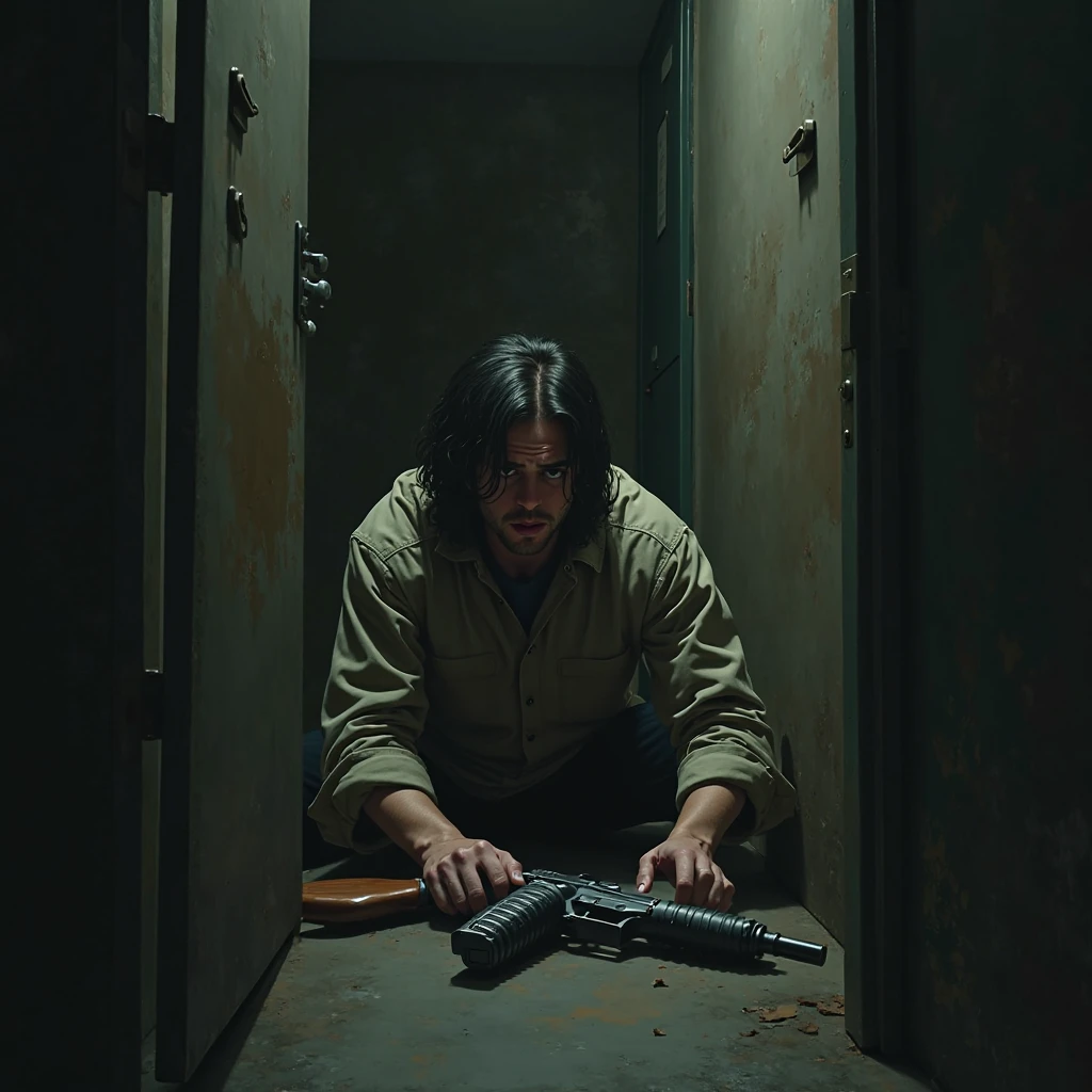 Abandoned hospital, man using a knife attacks zombie in front of him, zombie is dead and falls to the ground