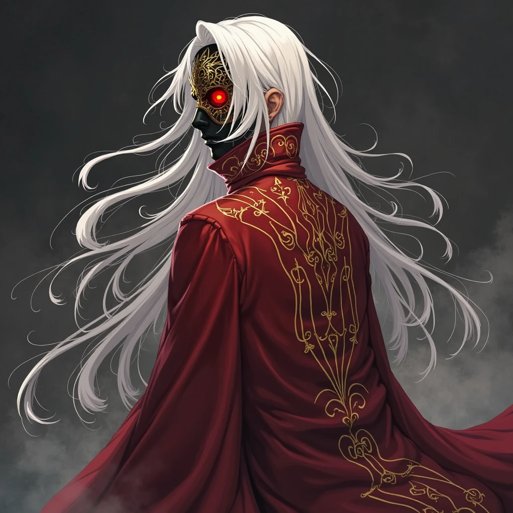 in style of Ashley Wood,in style of Santiago Caruso, ((masterpiece, best quality)),(illustration),(detailedLight),((Extremely exquisite and beautiful)),1 Girl,Black long trench coat,White shirt,Long hair,Silver long hair,Dark shadows,oni_mask, colorful,