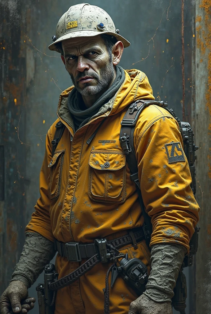 30 year old man, Hodor,  messy hair, sandy ginger hair, wide face, blue eyes, ruddy face, stupid expression, not handsome, plain, wide eyed, slow, tall, wide and muscular, wearing long fluorescent yellow waterproof jacket streaked with mud and grime, Hodor, jeans, jumper, scarf, carrying miners helmet and pick, Cornish engine house behind, gloomy sky with smoke