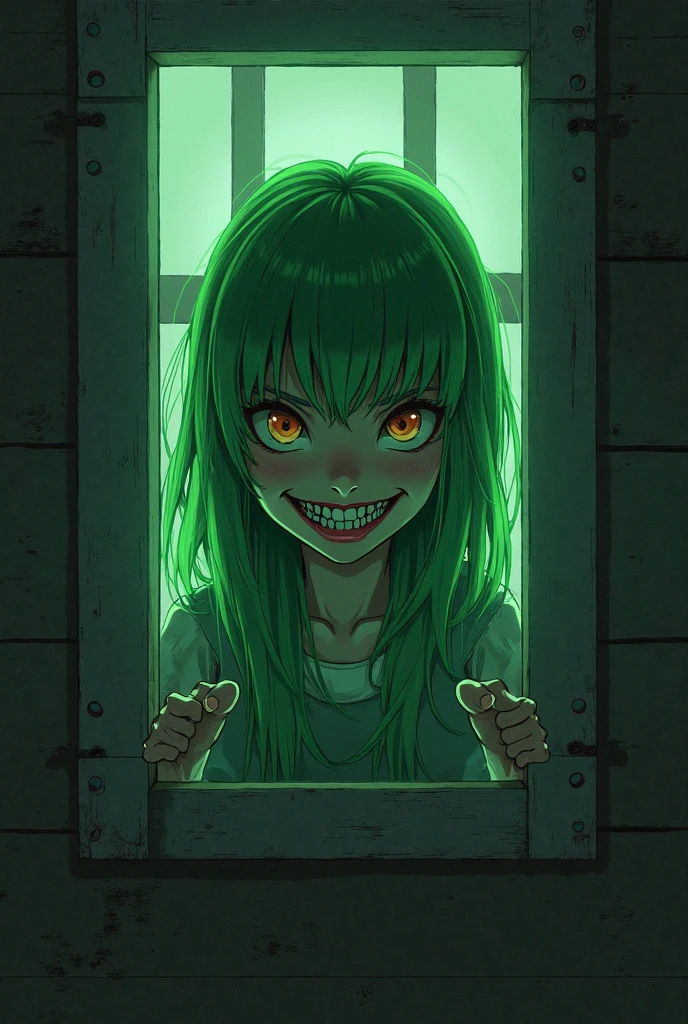 A mysterious giant eye in a dark, minimalist graffiti-style room, with a girl in an oversized black T-shirt and messy green fluorescent hair, hand raised and touching her hair. The girl has detailed eyes, lips, and face, with long lashes, pink eye shadow, and a grin showing shark teeth, making a middle finger gesture. The background is blurred, with a black wall and silhouettes, shrouded in darkness and a fluorescent green skull pattern graffiti. The lighting is fluorescent, creating a dark, edgy, and surreal atmosphere with expressive brushstrokes and a dynamic composition.