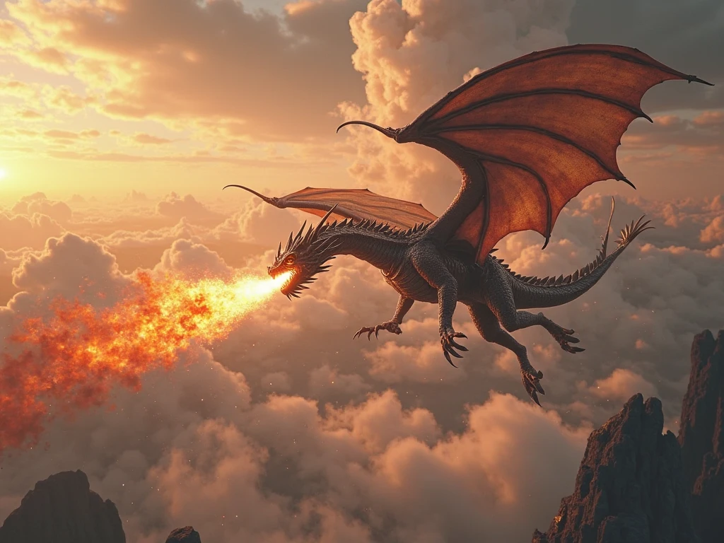 Dragon、Flying from the volcano、Fire breathing