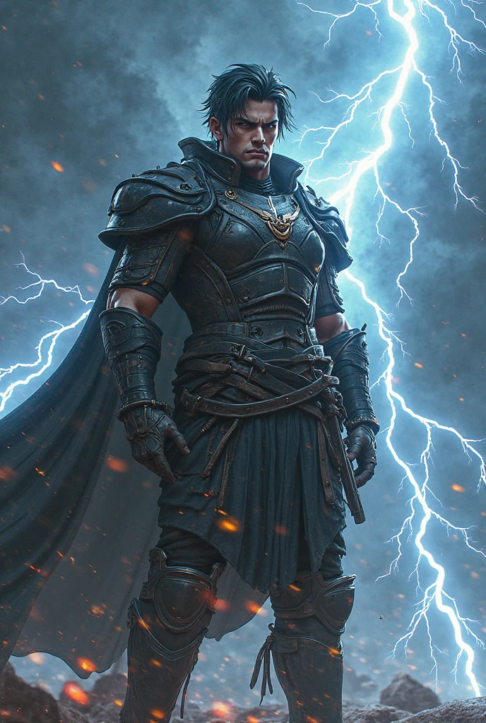 Raul, known as "The Crimson Scourge", He is an imposing warrior, marked by a life of battles and tragedies. His armor, which was once a symbol of power, now it is in tatters, dented and torn, hanging precariously over his scarred, muscular body. The metal, stained with blood and soot, reflects the ravages of countless battles. Despite visible wear, His stance remains firm and defiant, a testimony to his unbreakable will.

His face is that of a man consumed by loss and pain.. Fatigue is evident in the shadows under his eyes and in the deep lines of his expression., But behind that tiredness burns an inextinguishable fury.. His dark eyes, filled with a burning hatred, They are the reflection of a tortured soul, while his tight lips reveal the bitterness of someone who has been pushed to the limit.(emaciated)

Raul está rodeado de rayos carmesí que crepitan en el aire, charged with a lively and dangerous energy. These rays, symbols of their power and their curse, They illuminate their figure with a sinister and vibrant glow. Each lightning strike on the ground causes tremors and an intense ozone aroma, intensifying the atmosphere of tension and violence that surrounds it.

Despite his worn appearance and obvious exhaustion, Raul sigue siendo una figura de imponente poder. His torn cape flutters in the wind, moved by the energy of the rays, like the flag of a warrior who refuses to surrender. It reflects the embodiment of tragedy and fury., A man whose anger and despair have made him a feared being., almost invincible, who fights not only against his enemies, but against the internal torment that consumes him. 