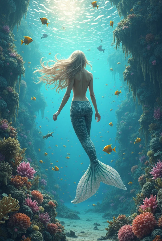 Homme-poisson, beau, avec des écailles blanche nacrés sur tout son corps , Oreilles d'elf , nageoire dorsale, queue, avec des jambes, cheveux semi long