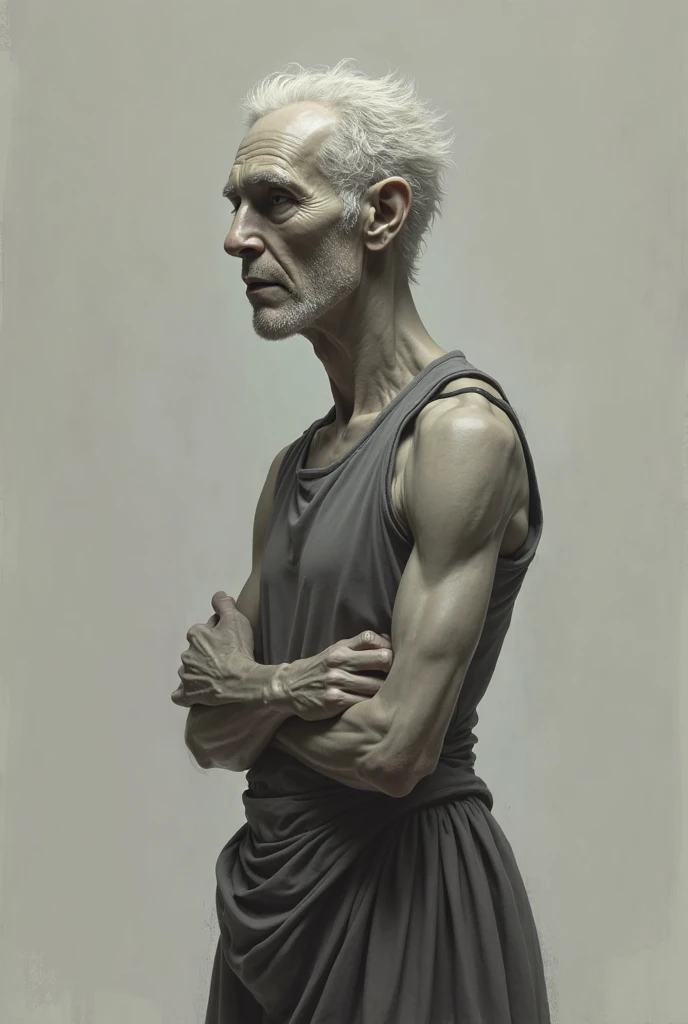 Full view of a painting by (Nicola Samori:1) full body side view,  dramatic high contrast, no light and close up, sketch shading in white on a dark black background, whole old wrinkled body, realism, eyes down