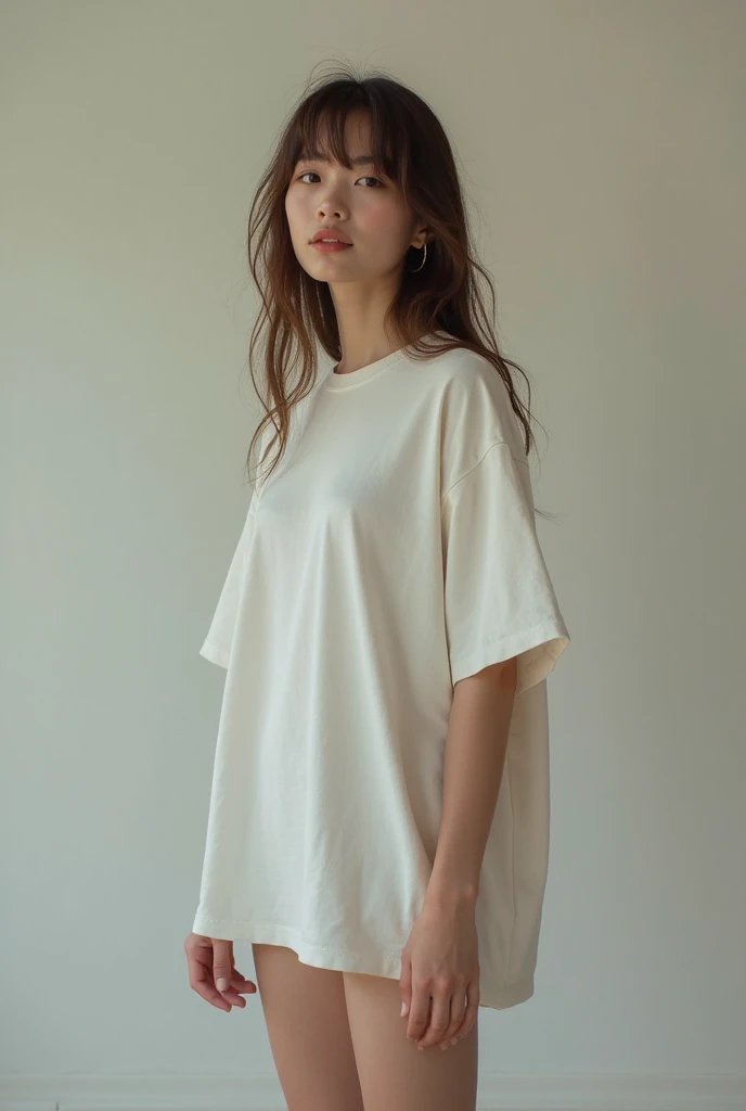 Woman wearing an oversize t shirt “lampshading” over shorts making it look like she isnt wearing shorts