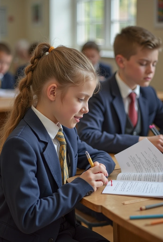 Developing cultural and intellectual skills, education according to the curricula prescribed for students , receiving information in the classroom, a close-up picture of a 2 swedish students wearing a blue uniforms sitting on a school desk, performing school assignments