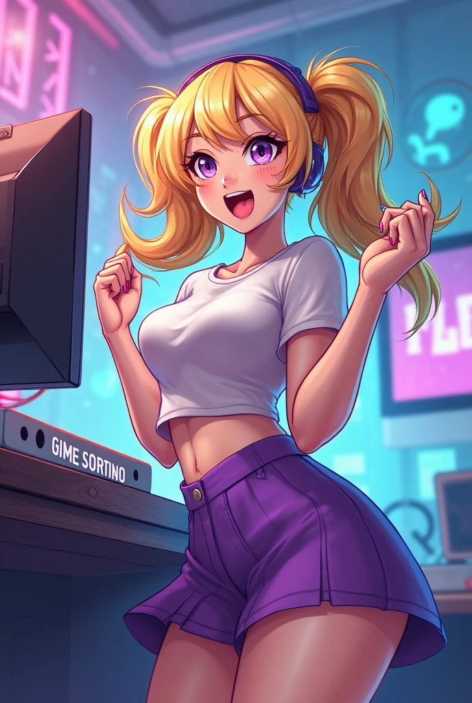 Sexy girl lewd playing "portable video game" while listening to walkman with "headphones", almond eyes, iridis heterochromia, thick eyebrows, flushed cheeks, provocative pose, buckles, heat, emissive, sharp focus, bloom, backlighting, 8k, high quality, high details, highres