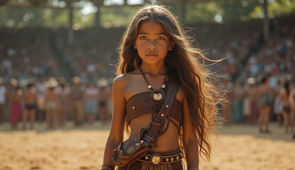 Gosta, a light brown girl. Corpulent, but pure muscle, with light brown skin and black curly hair. 14 years old. Indigenous warrior.