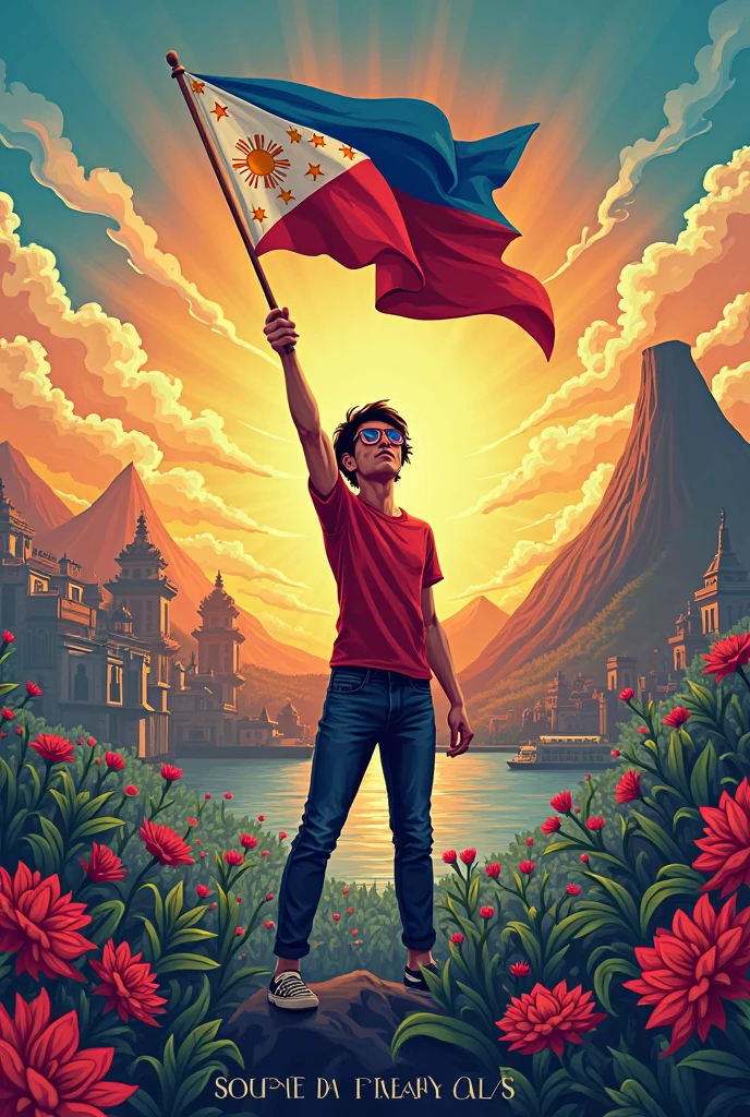 A Filipino youth raises a flag that transforms from chains into flowing ribbons of language, surrounded by cultural symbols and a hopeful sunrise, embodying the theme "Filipino: Wikang Mapagpalaya."