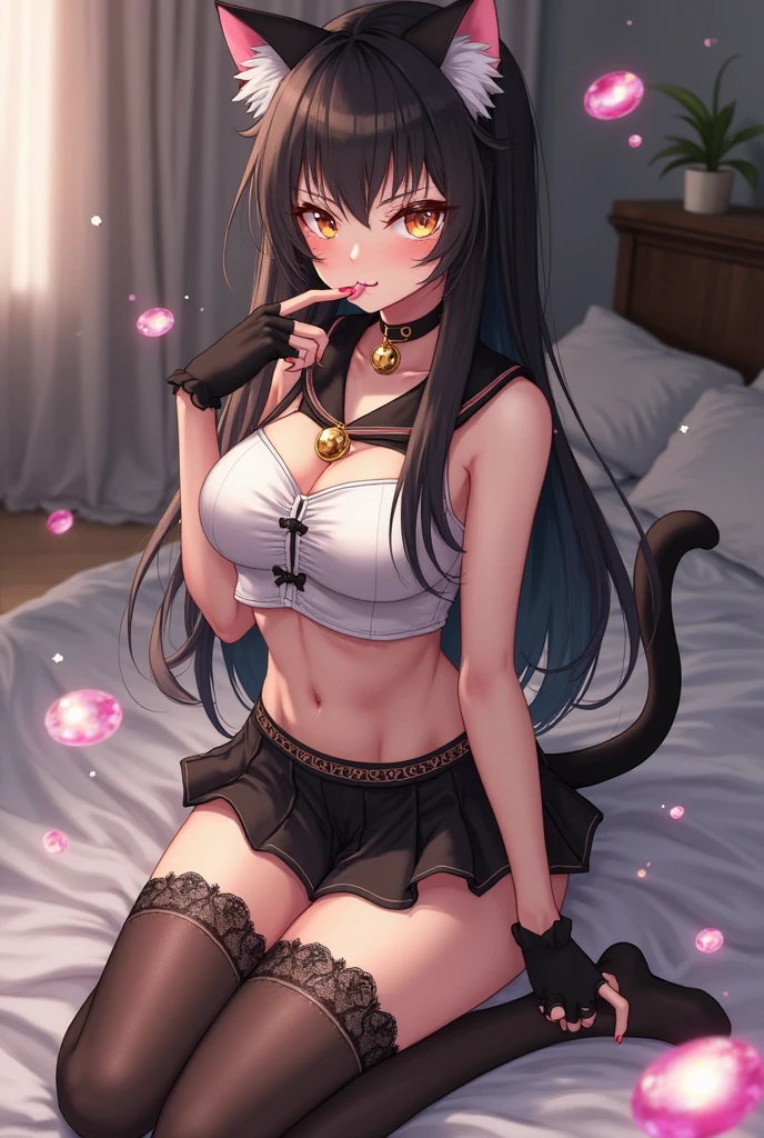 Taiwanese girl 18 years old with baby face and big breasts Asian woman wearing white shirt and black shorts lying on yoga mat,Anime Girls Cosplay,cat ears and tail, cat ears anime girl, Ahri from League of Legends is a girl wearing a maid outfit,have big breasts,There are three women in maid costumes,Doing push-ups on mat in gym,charming depiction,Lively and dynamic