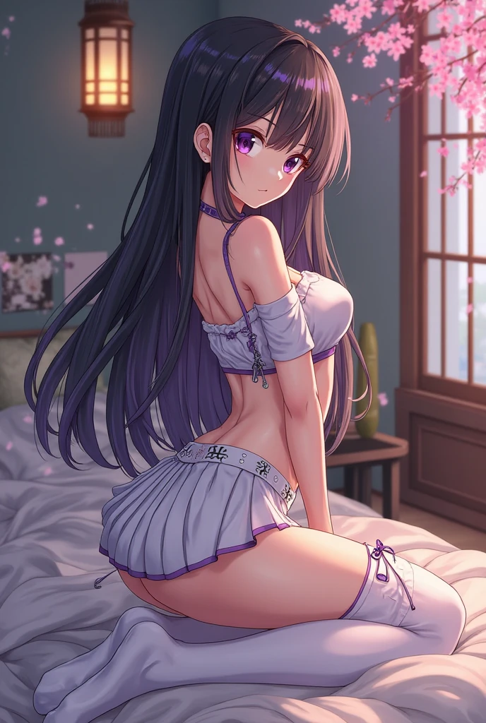 ultra-detailed,best quality,masterpiece,ultra-detailed,high resolution,extremely detailed CG,perfect anatomy,detailed,cinematic lighting,beautiful detailed eyes,ultra high res,solo,(solo focus:1.6),1woman,(25 years old:1.4),(tall:1.6),gleaming skin,oil skin,red,blue,pink,gold,sweat,humid,trembling,strong light coming in,spot lighting,bright,clothed,(purple fancy underwear:1.6),(very light brown hair:1.4),very long hair,(forehead:1.5),(wavy hair:1.5),(cute purple eyes:1.2),(volumey hair:1.5),(halterneck layered white dress:1.6),(bed:1.2),(seductive smile:1.8),(open mouth:1.3),pov,(naughty :1.3),(slut:1.25),(vulgarity:1.25),(skirt lift:1.3),back shot,(turn around:1.5),Hip,looking back,(Grab the butt:1.4)