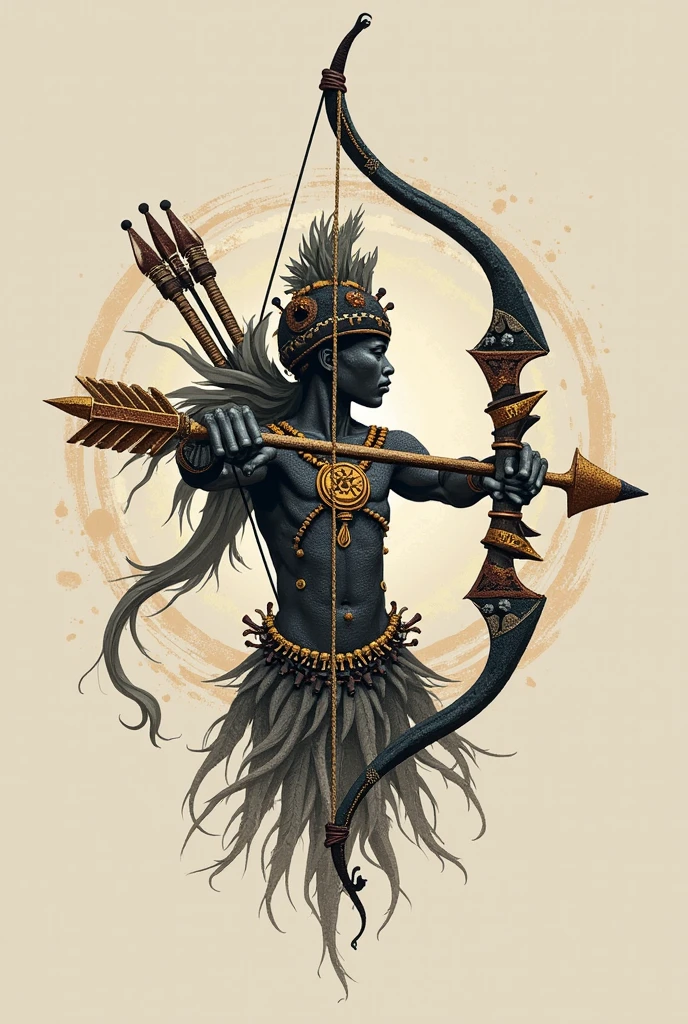 Orixá Oxossi in black and white shooting an arrow with a feathered hat on his head