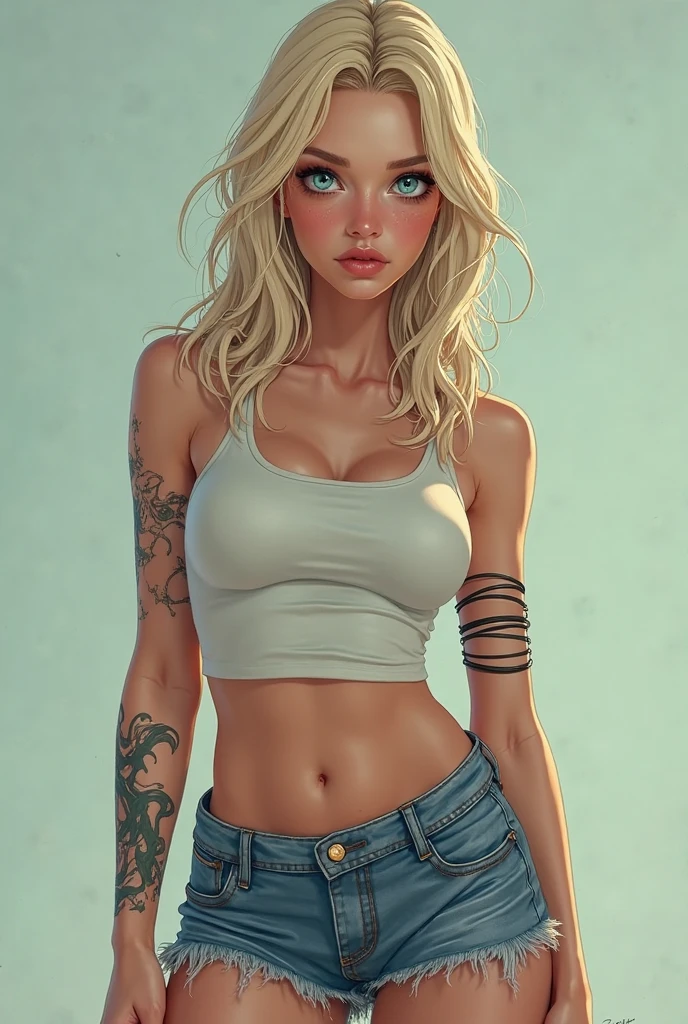 Beautiful girl, ,  crop top mini skirt , straight blonde hair, big breasts,  tattoed