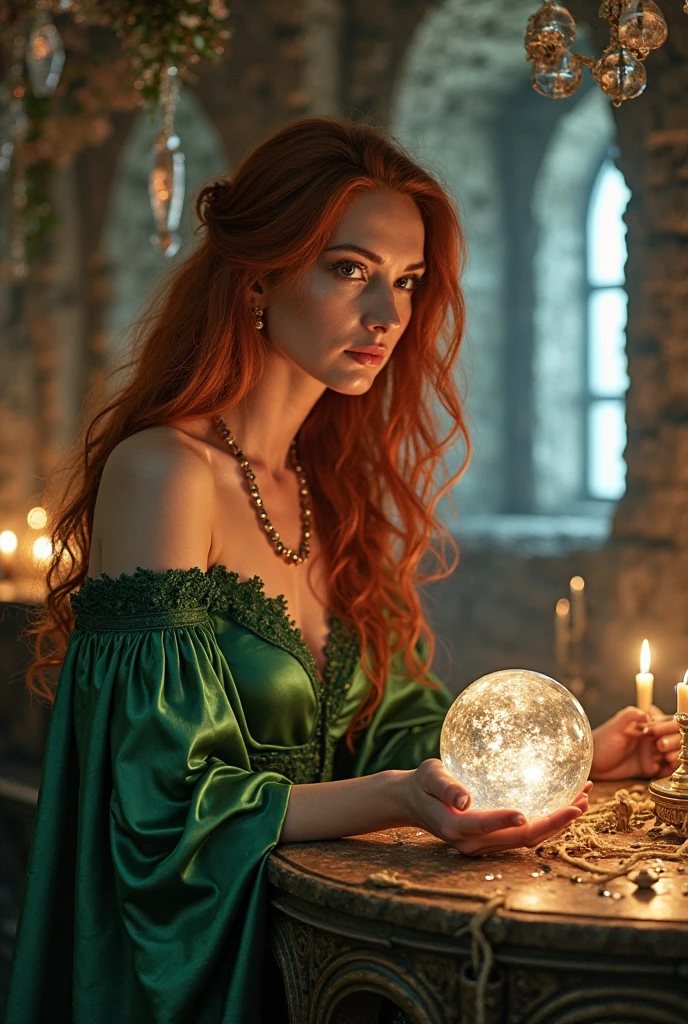 Image of a red-haired woman in a violet tunic, with an ounce in his right hand, an hourglass in his left hand and his body completely naked
