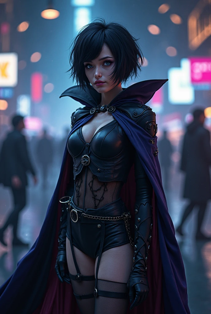masterpiece, highres, photorealistic, real, best quality, 8k, best quality, realistic, ultra-detailed, perfect lighting, cinematic lighting, female, mature, 1girl, solo, looking at viewer, portrait, city, night, rooftop, city lights, moon, dark, galaxy, skyscrappers, 1girl, raven \(dc\), black leotard, black cape, hood up, purple hair, forehead jewel, purple eyes, short hair, belt, <lora:CHAR-Raven:0.9>, cleavage, blue hue, covered nipples, sakimichan ,<lora:sakimichanStyle_v15:0.7>