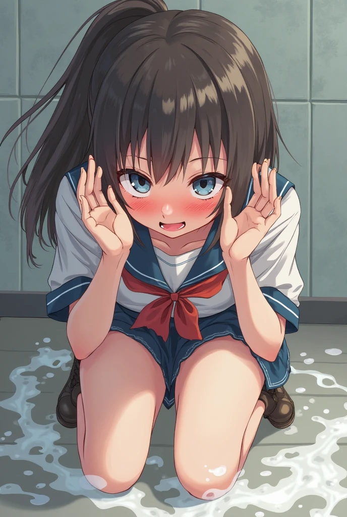 black hair,Blue eyes,Watery eye,Small breasts, tits, [ 4k digital art ]!!,  Wet and slimy, Shiny wet skin!!,  Enchanting anime girl,pubic hair,Watery eye,NUDE,sfw version,squat,12 years old,one woman,steam,Grit your teeth,blush,Raise eyebrows,Even bangs,semi-long,Sunburn mark,anal