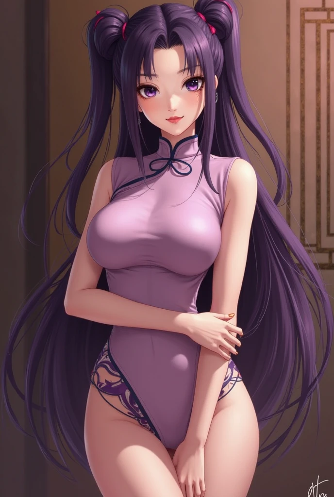(masterpiece:1.2, highest quality), (realistic, photorealistic:1.4), beautiful illustrations, 
looking at the viewer, whole body, Front view:0.6, 
1 female, 28 years old, Japanese, ((purple hair:1.5, long hair:1.4)), bangs, hair between eyes, ((height: 166 cm, medium breasts:1.6, tight waist)) 
beautiful hair, beautiful face, beautiful and detailed eyes, (brown eyes:1.3), beautiful clavicle, beautiful body, beautiful breasts, beautiful thighs, beautiful feet, beautiful fingers, perfect anatomy:1.3, perfect anatomy
((China dress:1.5, choker:1.6)), black panties:1.6, 
((Grasp the hem of the skirt with your right hand, Put your left hand on your chest, stand with legs apart:1.3)), 
(Look at the viewer while blushing:1.3)