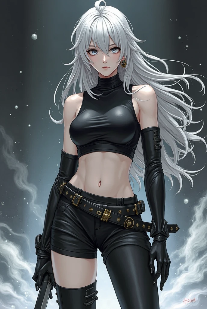 1girl, white hair, bangs, long hair, extremely long ahoge, slender body, pale skin, white skin, makeup, dark mascara, annoyed expression, handsome features, tall, skinny, full lips, wielding sword, ((erotic military attire)), black leather, white silk, gold highlights, flat chest, small breasts