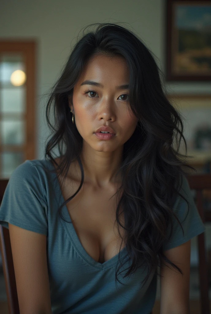 Capture a medium shot of a 26-year-old Hispanic-Filipina woman with tanned, brown skin and long, thick waist-length black hair. She stands in the doorway of a condo apartment in the Philippines, portraying an angry expression with furrowed brows and a pouting mouth. She wears a casual, small skirt. The scene is set against the backdrop of twilight colors in the sky, creating a dramatic, moody atmosphere. A carry-on luggage is visible in the background, emphasizing her possible travel intentions or arrival. The image should have a bokeh effect with a 2.8 aperture depth of field to highlight her vivid facial expressions and intricate hair details.