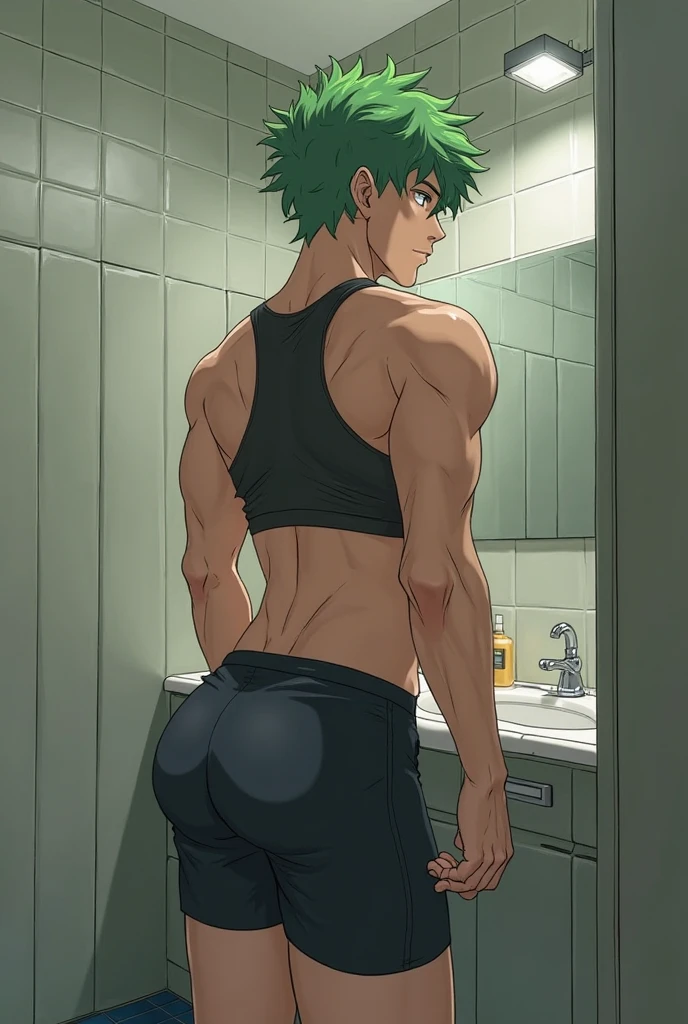 1 old man, 70 years old, short hair,Facing backwards, camera angle from behind, photo from behind, looking away, purple hair, green eyes, purple mustache, Without clothes (nude),long green trousers,ultra detail, ultra HD, standing,Thin body,half body photo