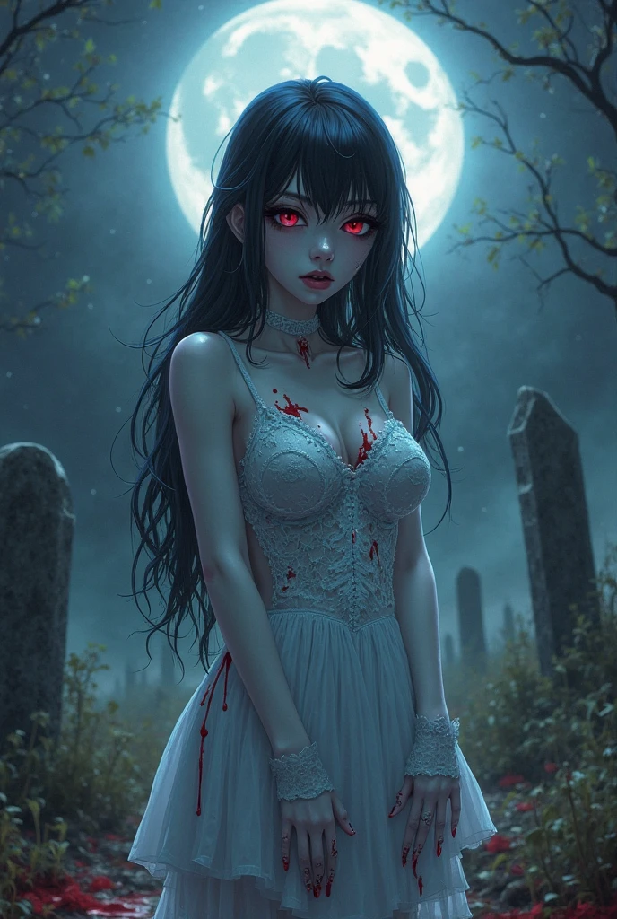 Satanic、despair、Devastation、natural disaster、middle ages、Red full moon、A woman looks up to the sky and sheds tears of blood、Place your hand on your chest、Sad look、Fluffy camisole
