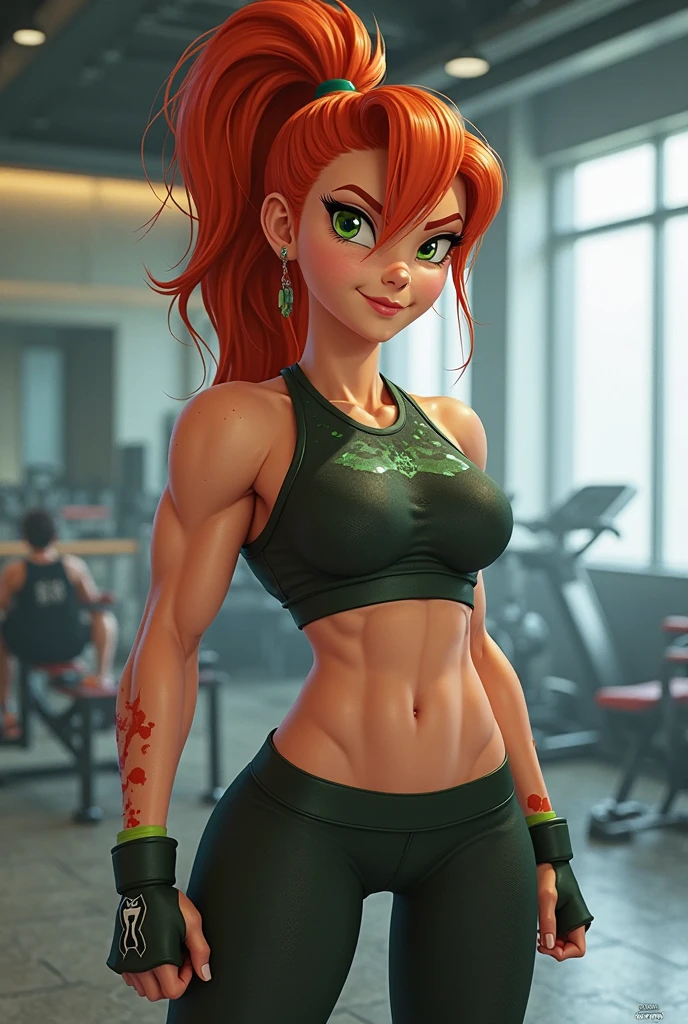 A muscular teenage girl with red hair with green highlights and green eyes