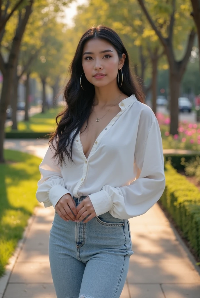 25 years old, girl, blouse, black skinny jeans, black blonde hair, indonesian girl, smile, with heel, masterpiece, best quality, ((realistic skin, smooth white skin))