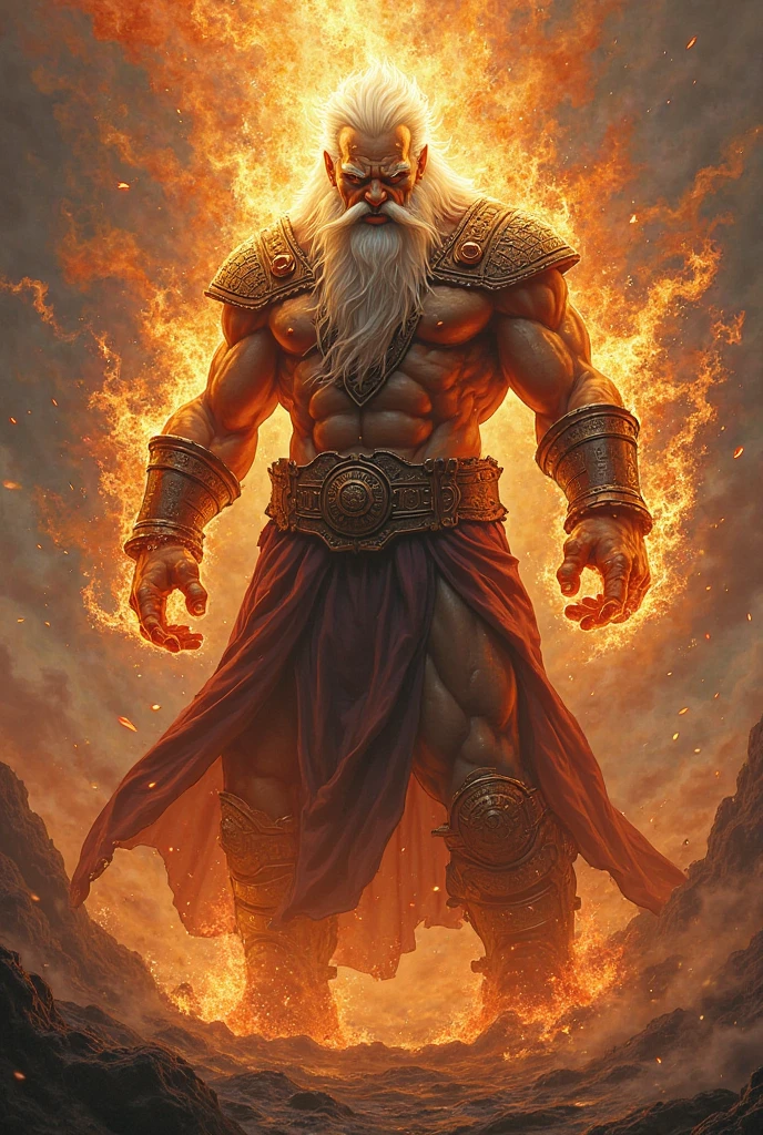 Muscular old man with glowing veins surrounded by lightning bolts and flaming hair, with powers of the sun wielding a giant axe and holding a thunderbolt, with Mitca war clothes in anime format