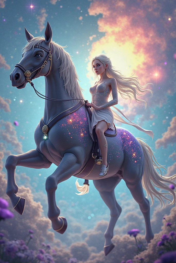 Curvy girl riding a white unicorn, wearing a leather outfit and thigh-high boots, galloping through a rainbow-filled landscape, surrounded by mystical creatures, adventurous atmosphere, 3D render, photorealistic.