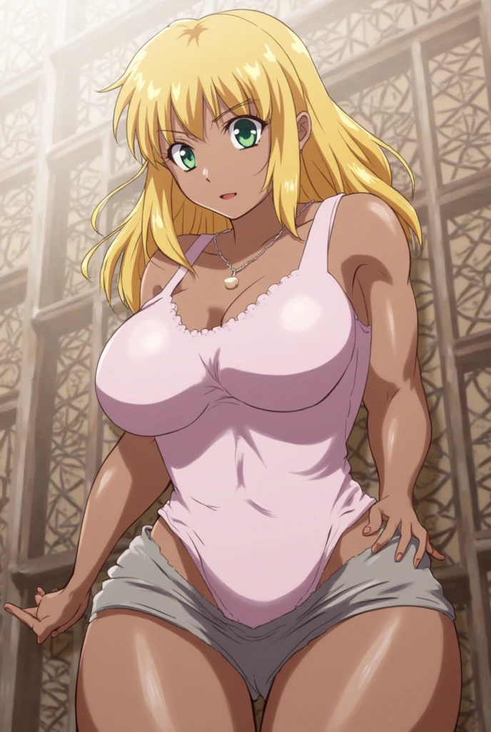 1women, ((nude)), ((huge tits)),  slim waist, outdoor, lake, mountain, ((busty)), blonde hair, green eyes, ponytail hair, smile, white tank top, jeans pants, open mouth
