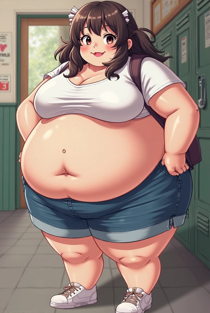 Anime Women, Lady、Detailed face、Forehead、Black Hair、Long hair down to the waist、Center-parted bangs、Braid、Glasses、Hanging eyes、Brown eyes、Are fat、Chubby、Voluptuous、obesity、Double chin、Cheek、Fat-covered neck、Big Breasts、Saggy breasts、Thick upper arms、thick fingers、Fat Belly、Sagging belly、Thick legs、Fat all over the body、tall、Denim jumpsuit、Work clothes、sneakers、Sweaty、shame、