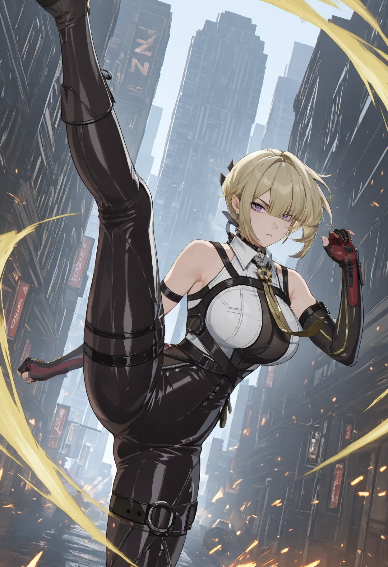 (Masterpiece), Sharp Image, full body, standing straight, she looks down at the viewer from above, perspective view from below, perfect anatomy, perfect hands, A white mature woman with blonde hair, short hair, messy hair (best quality), Ultra resolution, professional art, ultra detailed, perfect lighting, athletic body, strong and muscular, small perky breasts, tight long pencil skirt, white pencil skirt, expression seductive, female focus, (NSFW), in fighting position, blue eyes, smiles, yellow high heels, sexy toned legs, thigh straps