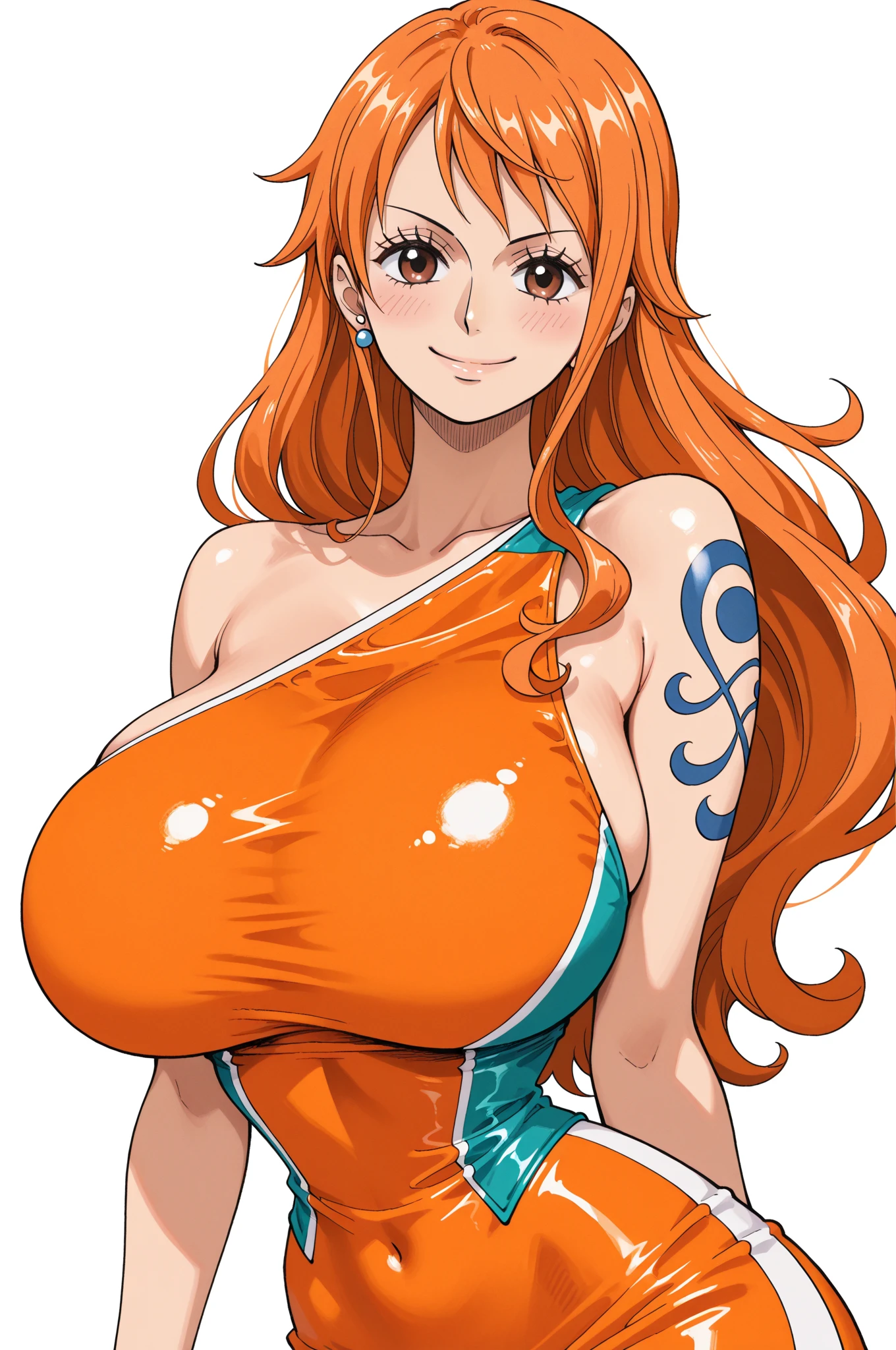 Nami Robin from One Piece naked, no clothes, her nipples are showing, Orange hair, brown eyes, 8k, Perfect quality, big thighs, big boobs.