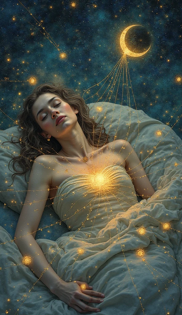 Create a girl made of literally yellow light lying on a bed
