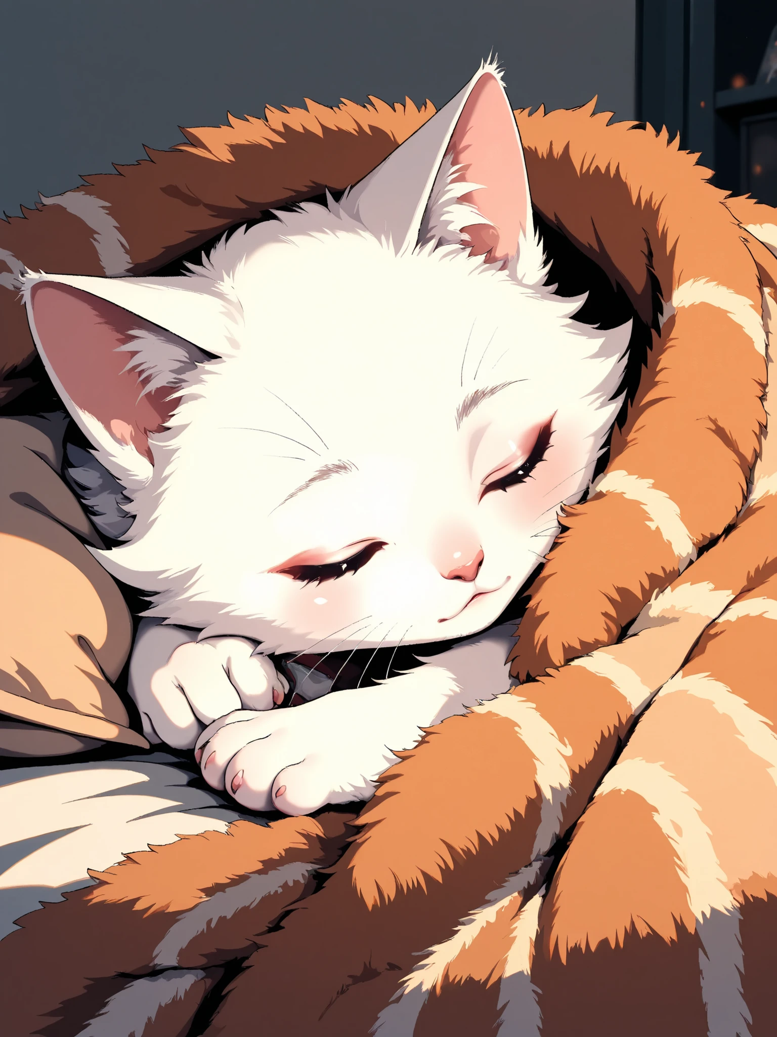 masterpiece, good quality, amazing quality, very aesthetic, anime, highres, absurdres, 16K resolution. | Kitten with fluffy white fur, sleeping under a warm fur blanket, Miao_Kitten.