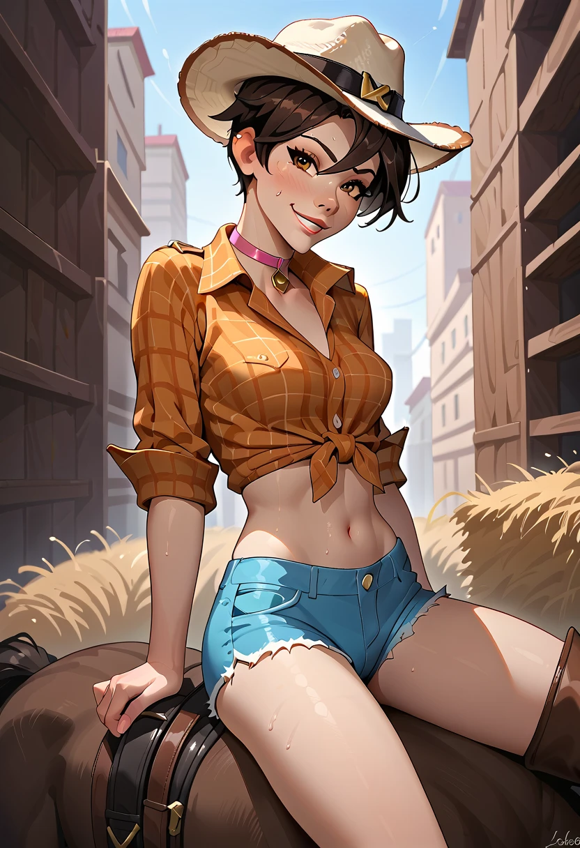 score_9, score_8_up, score_7_up, source_anime, 1girl, solo, tied crop top, boob window, cow pattern crop top, no bra, big tits, denim shorts, sitting, glazing lollipop, licking lollipop,  korra, front view, looking at viewer