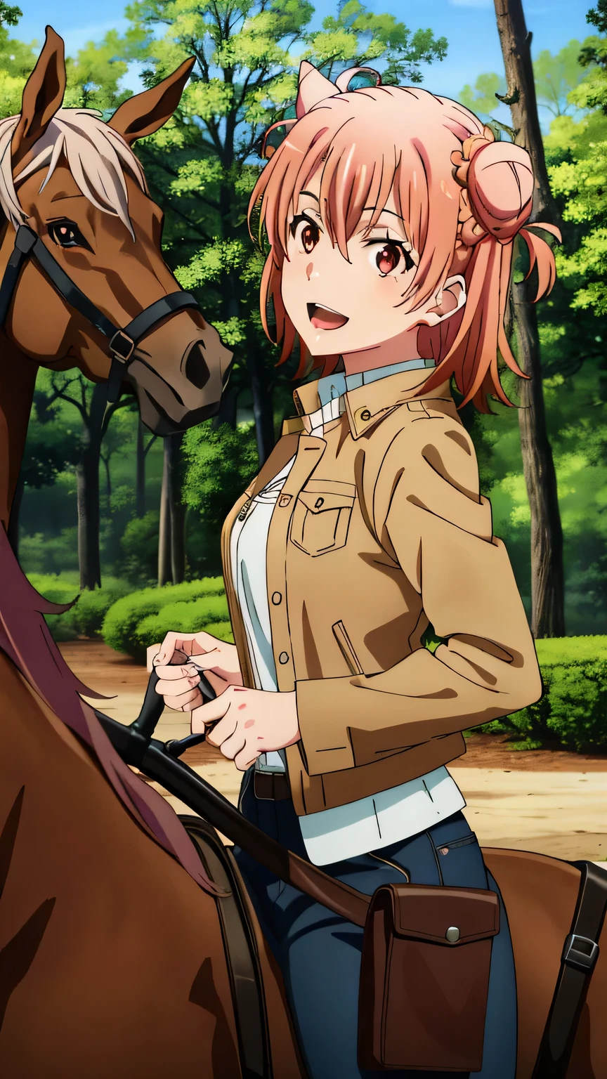 {{{masterpiece}}}, (best quality:1.5), (ultra-detailed:1.5), {illustration}, {{an extremely delicate and beautiful}}, (beautiful detailed eyes:1.6), absurdres, highres, extremely detailed face, 16k, hd, visual anime de uma jovem mulher, extremamente bonito rosto de anime, anime melhor garota, (perfect hands, perfect anatomy), (five fingers:1.1), anime face, Yuigahama Yui (Oregairu), aayui, 1girl, solo, cute face, (short hair:1.2), (single side bun:1.5), hair between eyes, pink hair, big eyes, (red eyes:1.4), big breasts, big hips, curvaceous, BREAK, western, (cowgirl outfit:1.5), brown costume, brown jacket, open jacket, made of leather, fringe trim, holster, BREAK, horse, (horseback riding:1.3), open mouth, smiling, outdoor, (wilderness:1.2)
