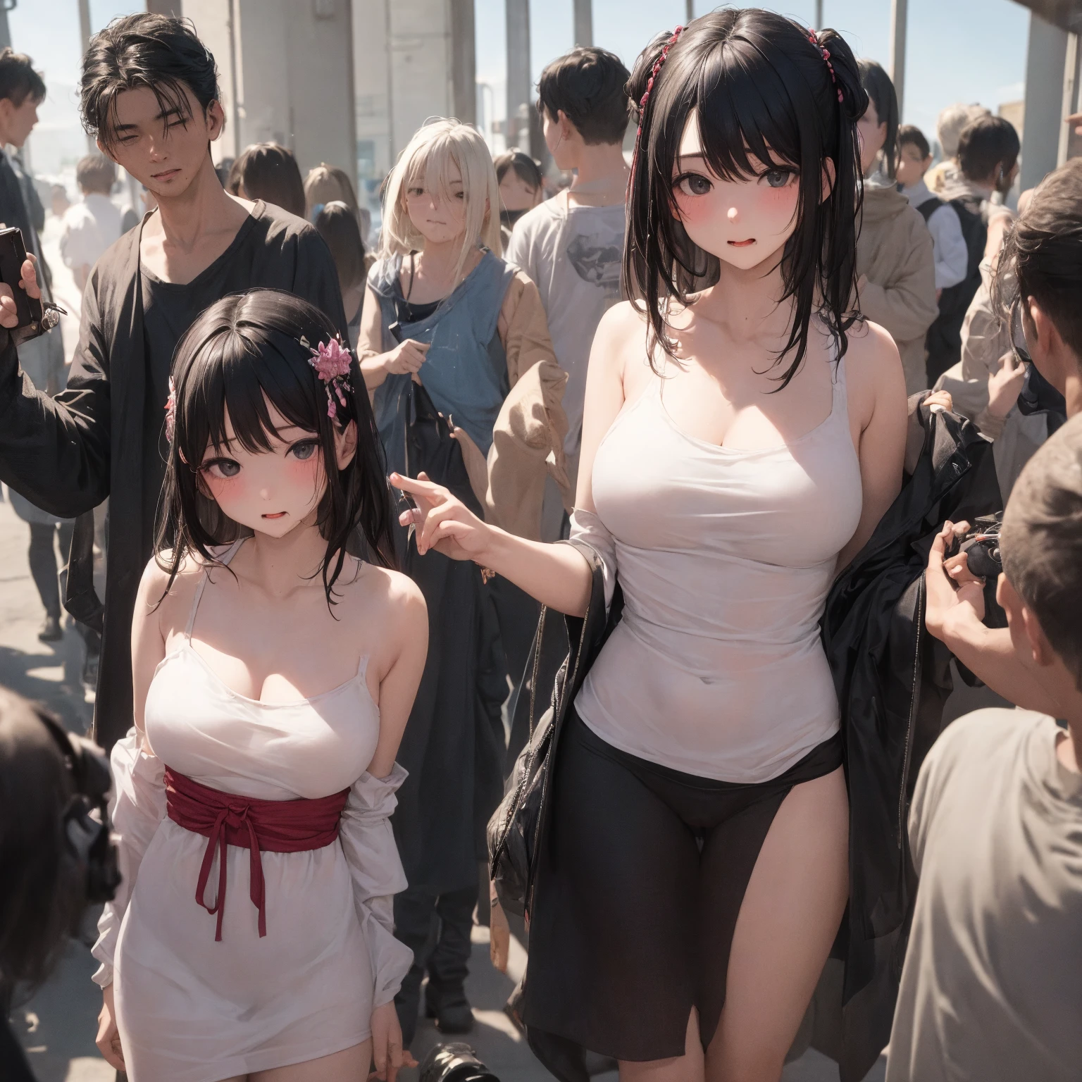 twins、tits、Nipples、、While crouching、Spread your legasturbation with a dildo、Perfect body、Love juice overflows、Surrounded by a large group of men、