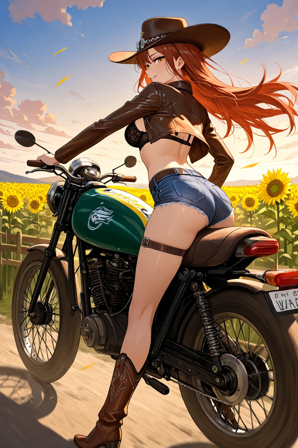 Draw Cassye Sandler, an anime-style female character with lung-length orange hair, thin orange eyebrows and blue eyes, smile on her face. small breasts, thin waist, big perky ass, thick thighs. wearing a denim mini skirt and black blouse, Max silver necklace and leather bracelets, wearing black mid-calf high-heeled boots. is riding a motorcycle at high speed. seen from the back with the butt facing the viewer. bottom-up perspective.