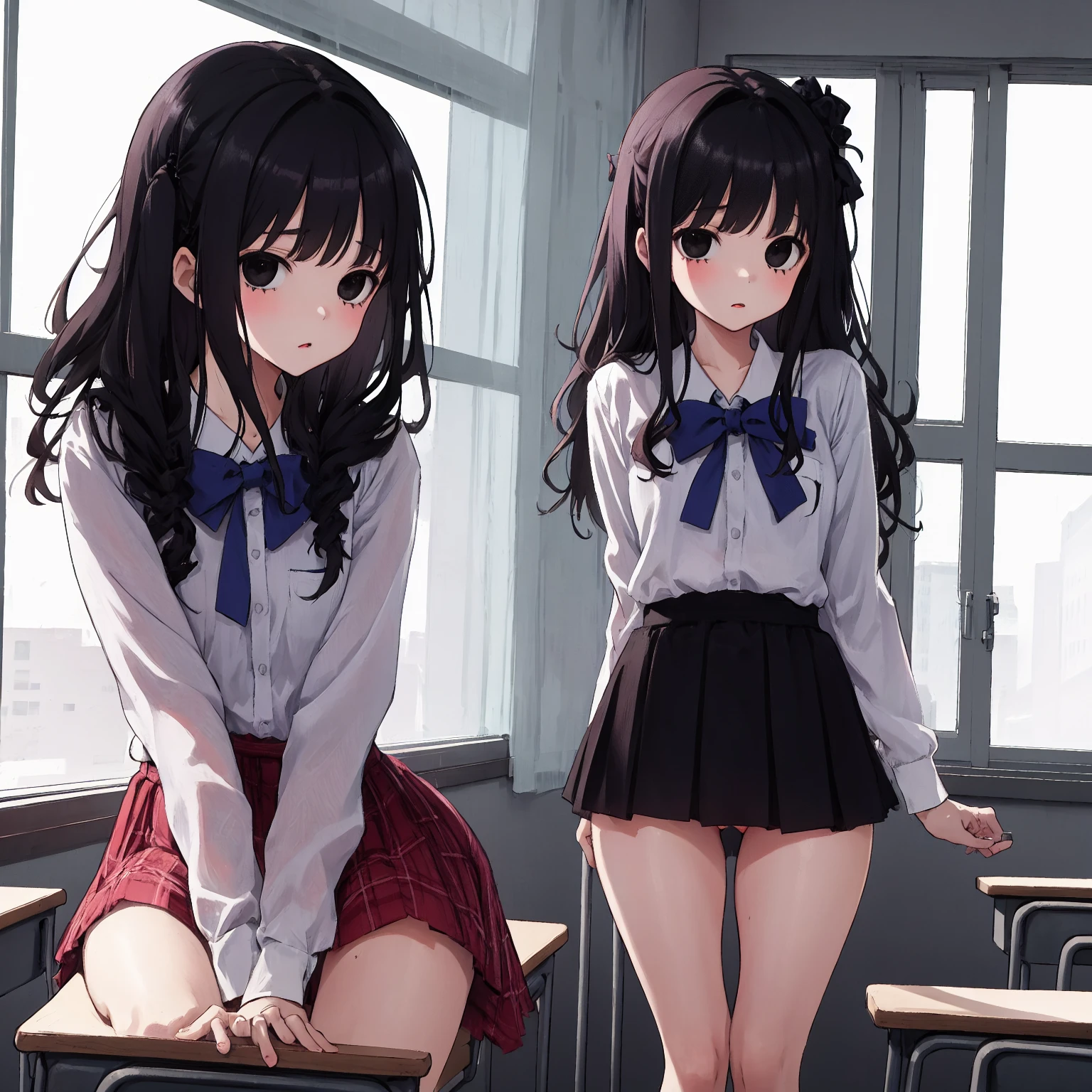 Yankee high school girl、One girl in a mini skirt, Squat with your legs wide apart、Looking down at the viewer, Twin tails, Highest quality, Focus on the thighs, Dynamic pose, smile, blazer, blouse, Black Pantyhose, panties under pantyhose, , classroom, Black Hair,My thighs are steaming between the legs 、Sweaty pantyhose、Show the soles of your feet here、My feet are stuffy