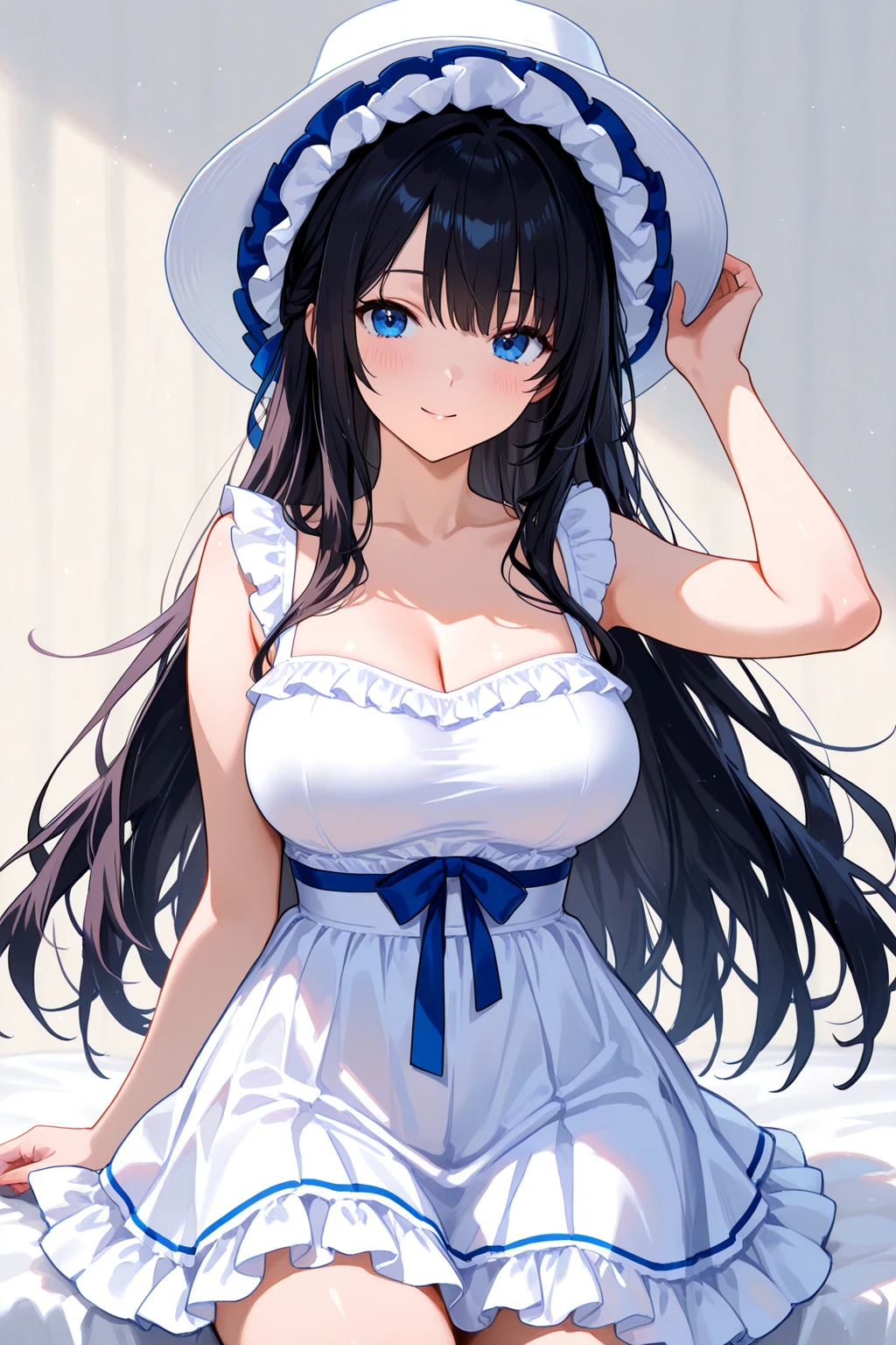 1girl, flower, solo, breasts, dress, panties, white dress, underwear, long hair, white choker, white flower, arm up, holding, halterneck, white panties, black hair, cleavage, criss-cross halter, hair ornament, white headwear, rose, large breasts, white rose, blue eyes, hat, holding flower, hand on headwear, choker, closed mouth, frilled dress, white background, sun hat, frills, simple background, bangs, cowboy shot, sleeveless dress, hair between eyes, earrings, jewelry, armpits, thigh strap, sundress, sleeveless, bare shoulders, blush, hair flower, pantyshot, thighs, bare arms, looking at viewer, ribbon, standing, side-tie panties <lora:freng_V8:1>