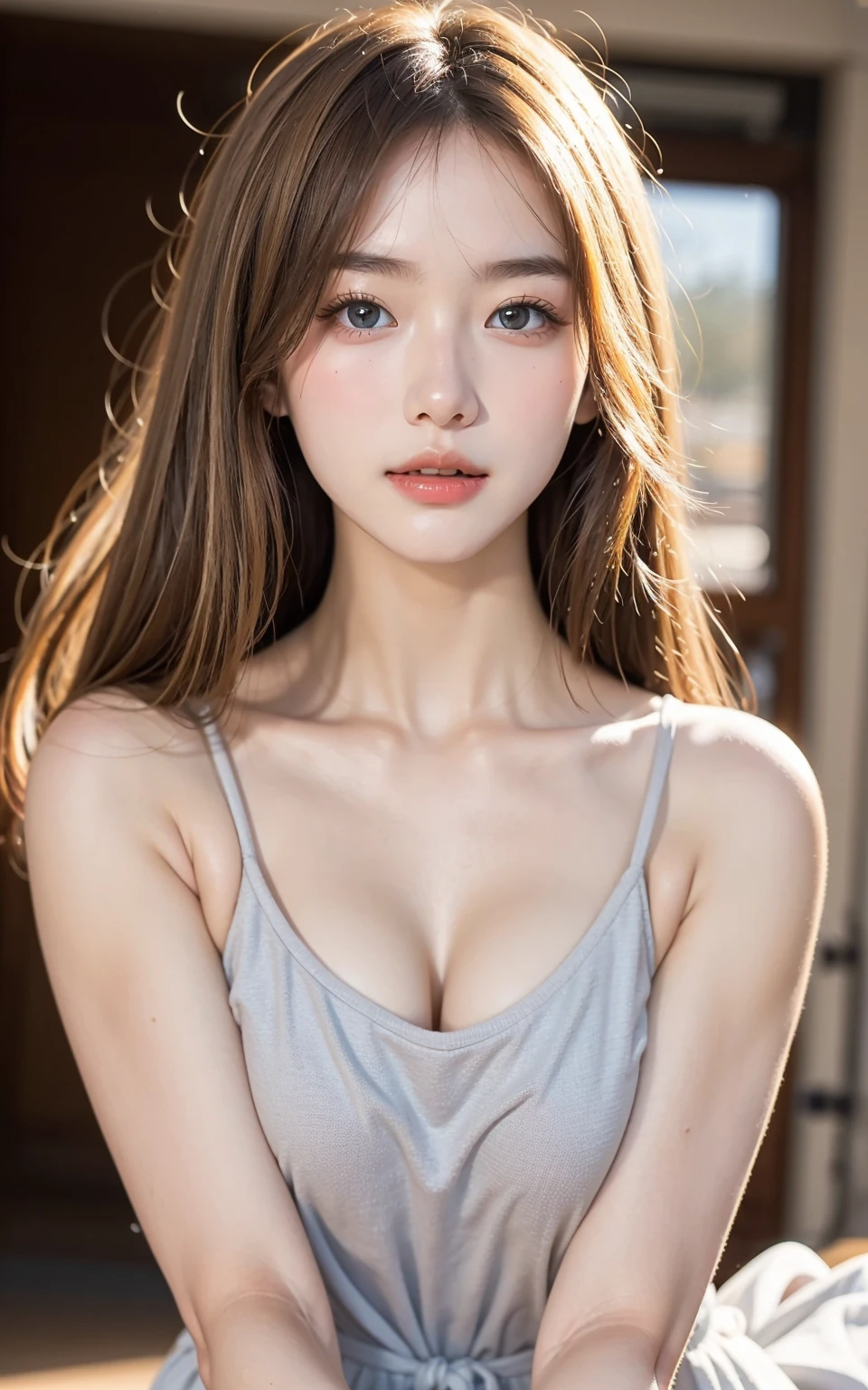 cute & Like \(Idol Master\), facial, (8k, RAWphotograph, Highest quality, masterpiece:1.2), Super detailed, Ultra-high resolution, (Realistic, photo Realistic:1.2), High-definition RAW color photograph, professional photograph, Depth of written boundary, Very delicate and beautiful, Very detailed, 8k wallpaper, Moisturized Skin, photograph, Bright Elk Long Shot, suffering, Neo, Film Grain, Samsung Galaxy, Depth of written boundary100mm, art:Gottfried Helnwein, (Large Breasts:1.3),