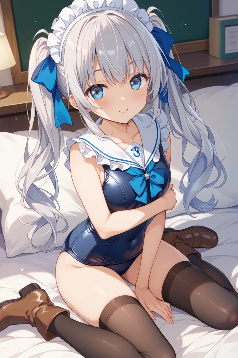 pantyhose,loli,sailor,microskirt,cute,lying,on stomach,white hair,smile,crop top,see through,twintails,cleavage
