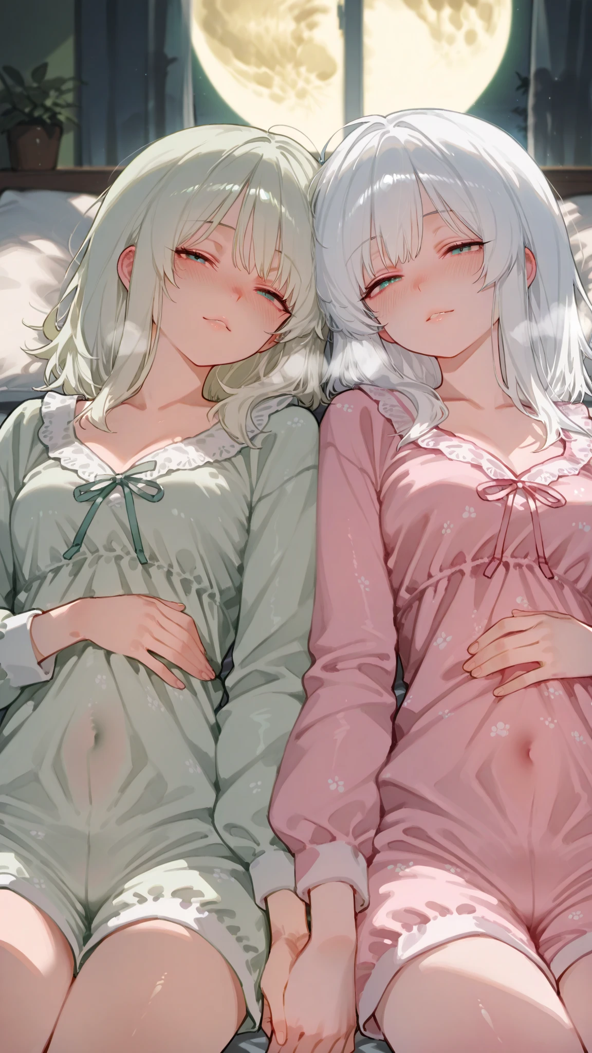Two 18-year-old lesbian women, desnudas, with small breasts, de contextura delgadas, teniendo sexo en una cama blanca.
