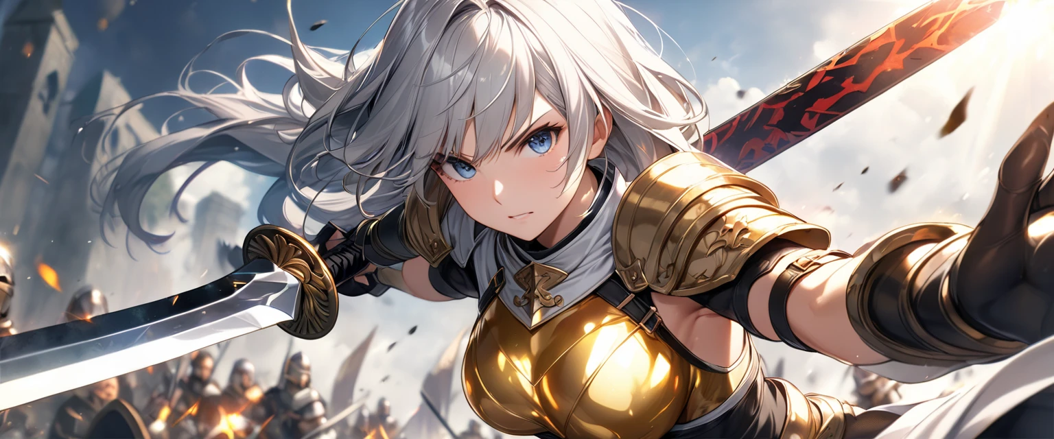 A powerful female warrior is in an attacking stance on a battlefield. She has long flowing white hair and wears intricate armor with gold and red details.. His armor consists of a detailed chestplate., ornate shoulder pads, and reinforced leggings. The warrior wields a long spear with a sharp tip, while holding a large shield decorated with gold and red motifs in the other hand. She wears a helmet with golden wings, that complements your determined and focused look. Ao fundo, The sky is cloudy, with rays of light piercing the clouds, and the land seems ravaged by battle. The warrior's red cape advances dramatically in the wind, adding a sense of movement and intensity to the scene.