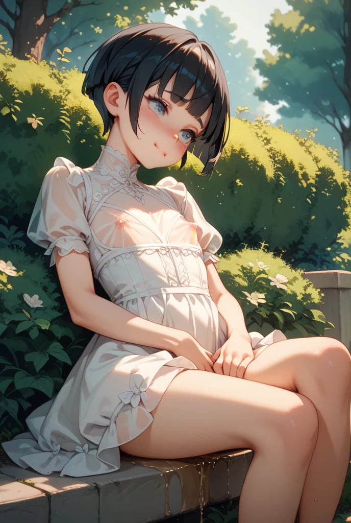 muste piece、masterpiece、highest quality、Super detailed、High resolution、8K portrait、High definition CG of Unity 8k wallpaper、cute type little:1.5、Lori:1.5、Highly detailed CG unity 8k wallpaper、Realistic、real person、 portrait photography、shiny skin、High definition、(16 years old:1.2)、(1 girl)、beautiful clear eyes、extremely detailed description、delicate face、nice lips、slender body、small breasts、thin waist、thin legs、(garden:1.6)、1 girl, cute type, perfect face, seriously, (blush:1.5),(brown hair bob hair:1.3),(small breasts:1.3),((Maid clothes:1.3)),(black dress),((half nude:1.3)),(I have nipples:1.2),(looking at view),(from front),gran,((climax in vagina:1.5)),(arms on head)