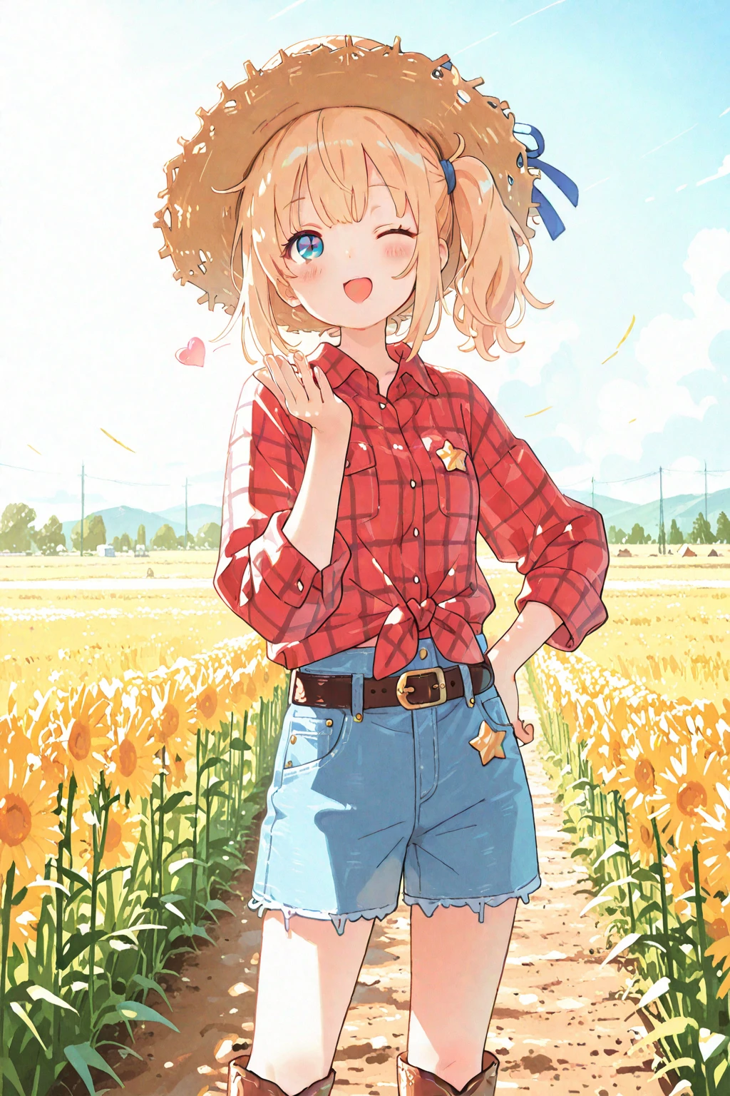 Highest quality picture, Big chubby farm girl, red flannel shirt, denim shorts, flashing belly, countryside